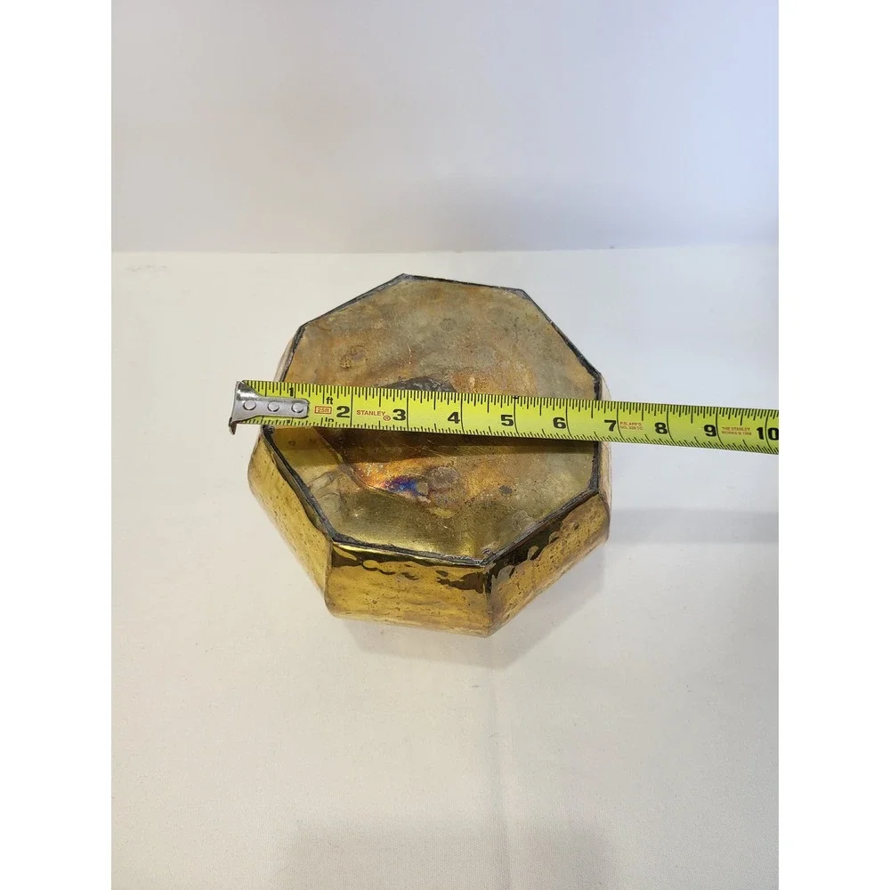Vintage Octagonal Hammered Brass Planter Tassel Rope Hollywood Regency Bowl